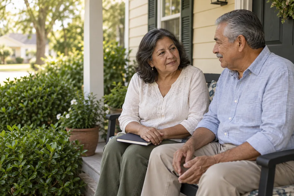 An older couple sitting together on their front porch