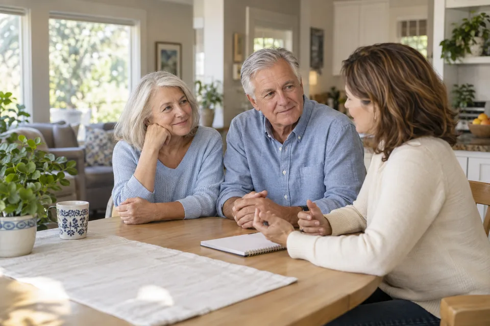 An older couple talking with their adult daughter at home