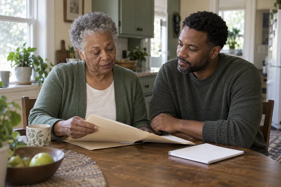An older woman reviewing a folder with her adult son
