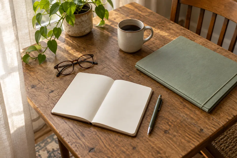 A notebook, document folder and reading glasses on a kitchen table